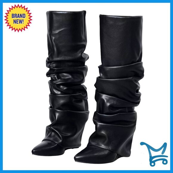 Shoes - Knee High Wedge Heel Boots Wide Calf Pointed Toe Slip On Casual
